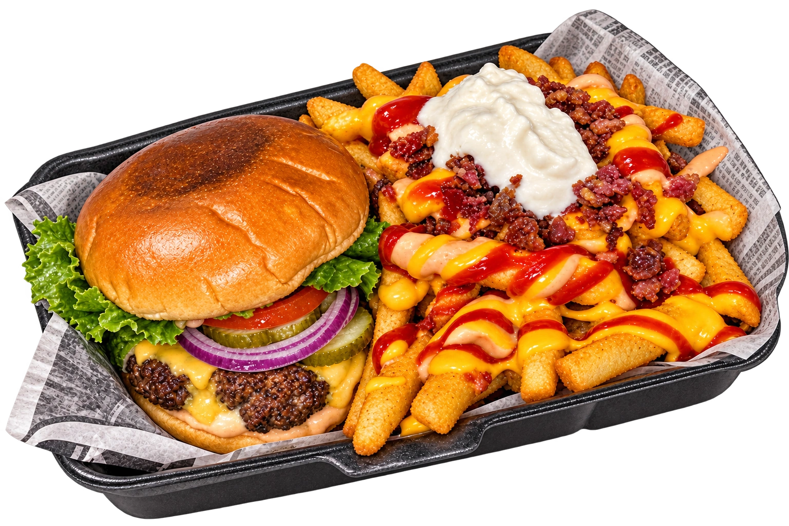 Recreación del hamburger de Aguayos con papas cargadas, queso y bacon