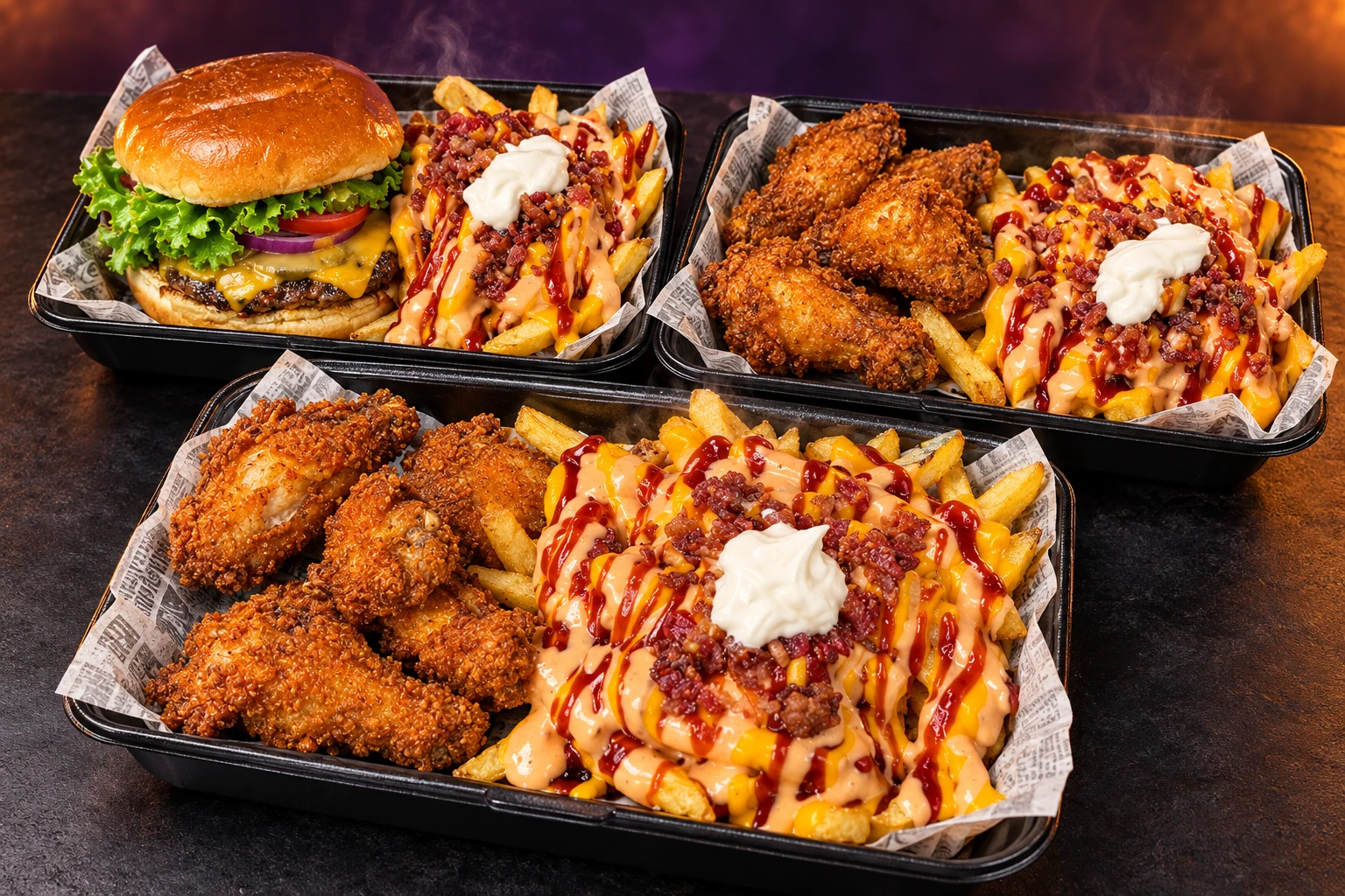 Recreación de los platos de Aguayos: hamburger, alitas y papas cargadas
